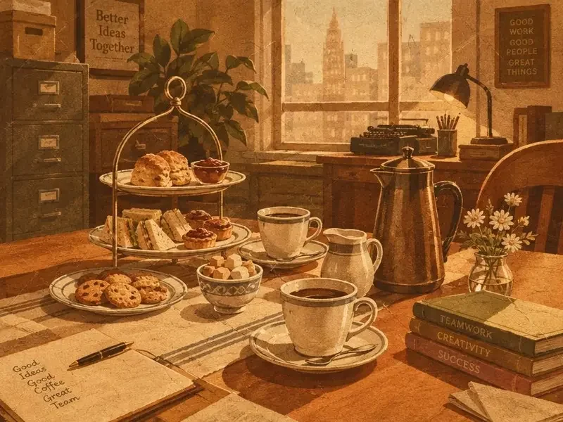 复古插画风格的办公室下午茶场景