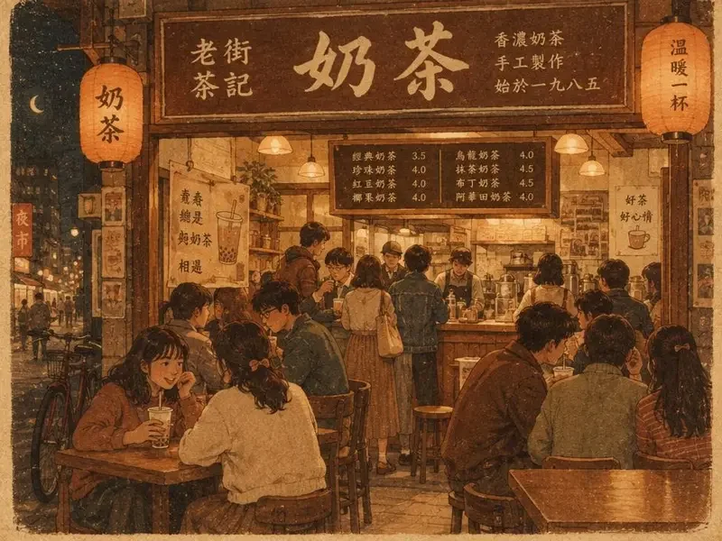 复古插画风格的深夜奶茶店排队场景