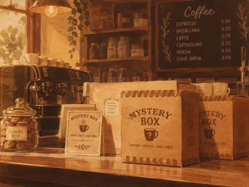 复古插画风格的咖啡店盲盒产品场景