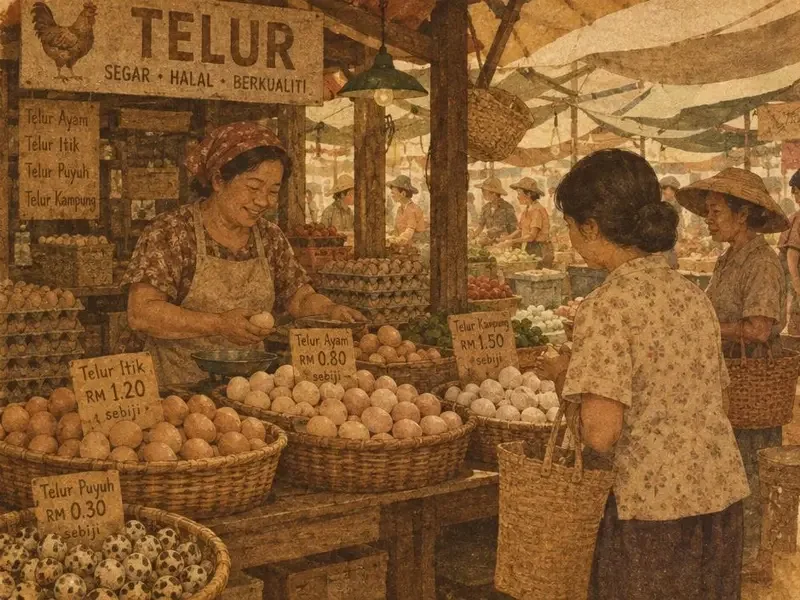 复古插画风格的菜市场鸡蛋摊位场景